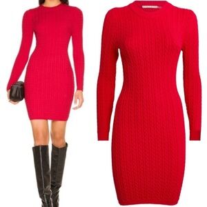 Alice + Olivia Yuna Cable Knit Mini Dress Bright Poppy Long Sleeve